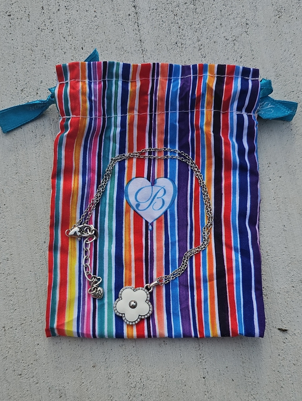 Brighton Silver Flower Pendant Necklace With Striped Drawstring Pouch